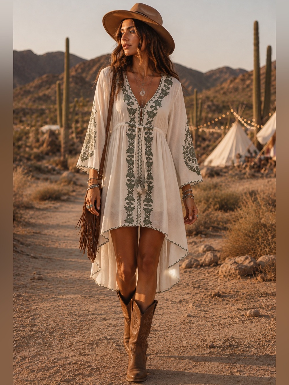 R. Vivimos Boho Embroidered High Low Dress Tunic White Sage Green Size L 12/14